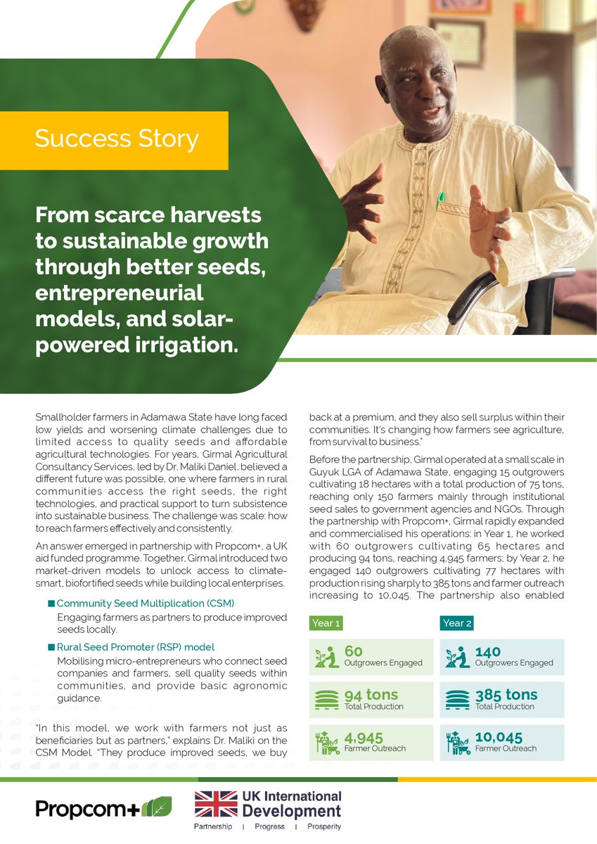 Propcomplus's tweet photo. Smallholder farmers often experience low yields and climate challenges due to limited access to quality seeds. Girmal Agricultural Consultancy, with support from Propcom+, introduced market-driven models that enhance local agribusiness in 🇳🇬
Learn about it:https://t.co/umzo0U7Nqv https://t.co/vg5p5KHlt7