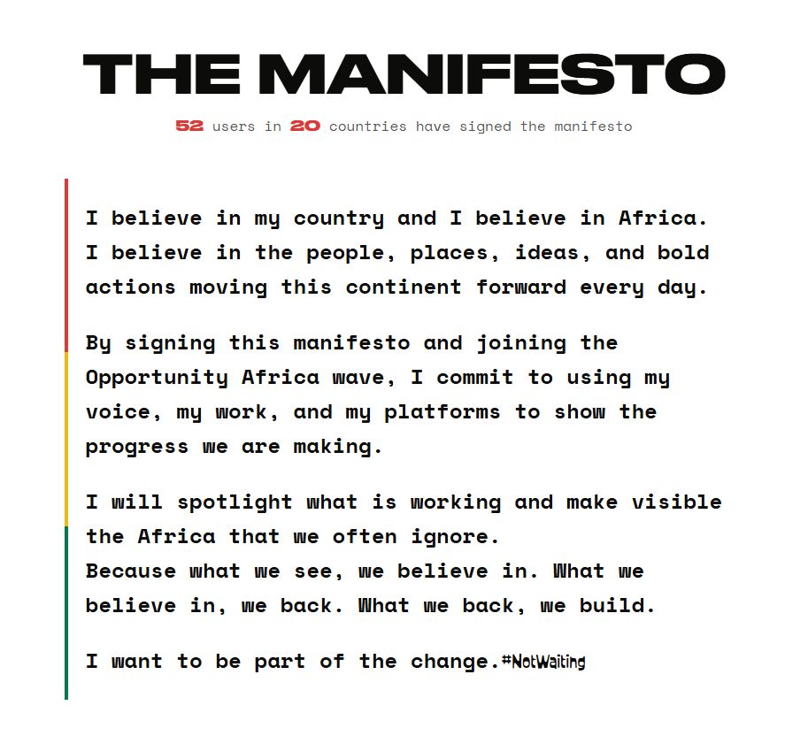 joantp's tweet photo. Hoy es el Día de África. Potente campaña de Opportunity Africa: bajo el hashtag #NotWaiting proponen mostrar en redes las cosas punteras que están haciendo, día a día, para el África del futuro. Si los africanos empiezan a mostrarse y verse de otra manera, el mundo tb lo hará. https://t.co/lb1Pfq2RQ0