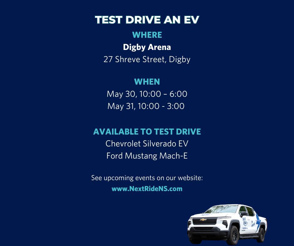 nextridens's tweet photo. Hey, Digby! 
Join us at the Digby Home &amp; Lifestyle Expo for a chance to experience electric driving.

Take a quiet spin in:
- Chevrolet Silverado EV
- Ford Mustang Mach‑E

📍 Digby Arena (27 Shreve St., Digby)
Saturday, May 30 | 10 a.m. – 6 p.m.
Sunday, May 31 | 10 a.m.– 3 p.m. https://t.co/g7zqMXWX4q