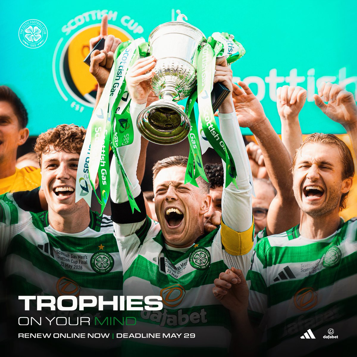 CelticFC's tweet photo. We’ve got trophies on our mind today thanks to the Hoops securing the Double 🤩

The deadline to renew your Season Ticket is 5pm this Friday, May 29, so secure your place now to be here for all the action next season ⤵️

#ParadiseOnYourMind | #CelticFC🍀🏆🏆