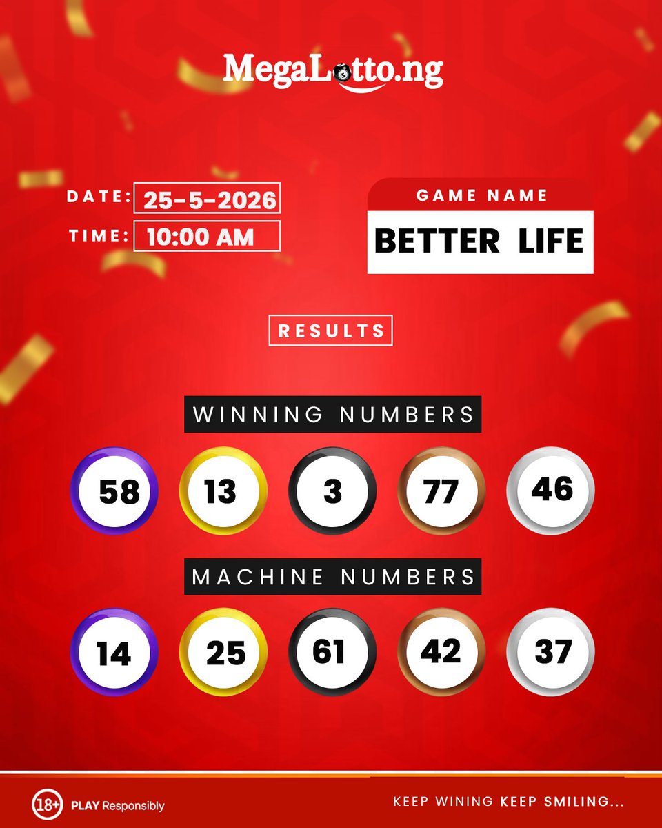 Megalottong's tweet photo. Winning Numbers for Today Monday 25th May, BETTER LIFE!!!💯 https://t.co/Ipqynxl3Qj