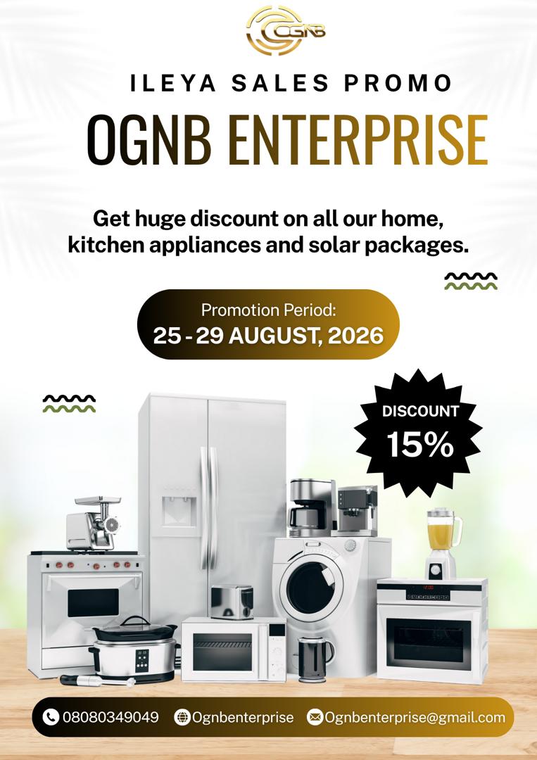 OGNBENTERPRISE_'s tweet photo. Good Day OGNB Family ☀️

🎉 ILEYA PROMO SALES IS HERE!

Enjoy 15% DISCOUNT on all Home Appliances, Kitchen Appliances &amp; Solar Packages.

Shop quality products at unbeatable prices this festive season.

📲 08080349049 | OGNB ENTERPRISE – QUALITY YOU CAN TRUST https://t.co/xZbrRspkSW