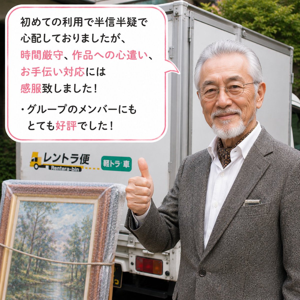 rentorabin's tweet photo. 2026年5月4日　祝日(月)に藤沢市のご自宅から同じ市内の小田急湘南市民ギャラリーまで絵画の往復利用の往便でご利用頂きましたお客様からのお葉書きです。

＃市民ギャラリーのグループ展への出品で約30点の搬送依頼をしました

＃初めての利用でしたので半信半疑で心配していましたが当日は時間厳守で作品への心遣いや対応には感服致しました

＃グループのメンバーにもとても好評でした

と頂きました。
今回の往便は軽トラックを2.5時間ご利用頂き税込み19,800円でご利用頂きました。
過分なお言葉も深く感謝申し上げます。
この度はご利用頂きまして誠にありがとうございます。

＃ギャラリーのグループ展の搬送　＃コスパ　＃タイパ　＃搬送　＃ダンボール　＃作品搬送　＃タイパ搬送　＃コスパ搬送　＃時間制搬送　＃安い　#ドライバー付きレンタルトラック　#運転手付きレンタルトラック　#レントラ便口コミ　#レントラ便評判　＃展示会搬送