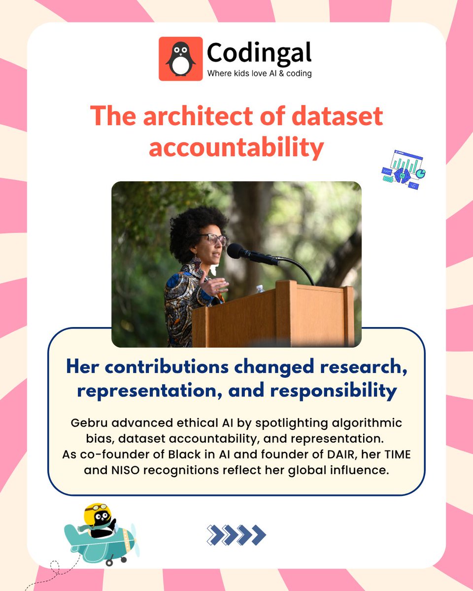 codingal's tweet photo. Timnit Gebru’s work reminds us that AI must be built with fairness, transparency, and accountability — not just intelligence.  

#AIethics #WomenInAI #ResponsibleAI #ArtificialIntelligence #STEMEducation https://t.co/50TiZDd9Ct