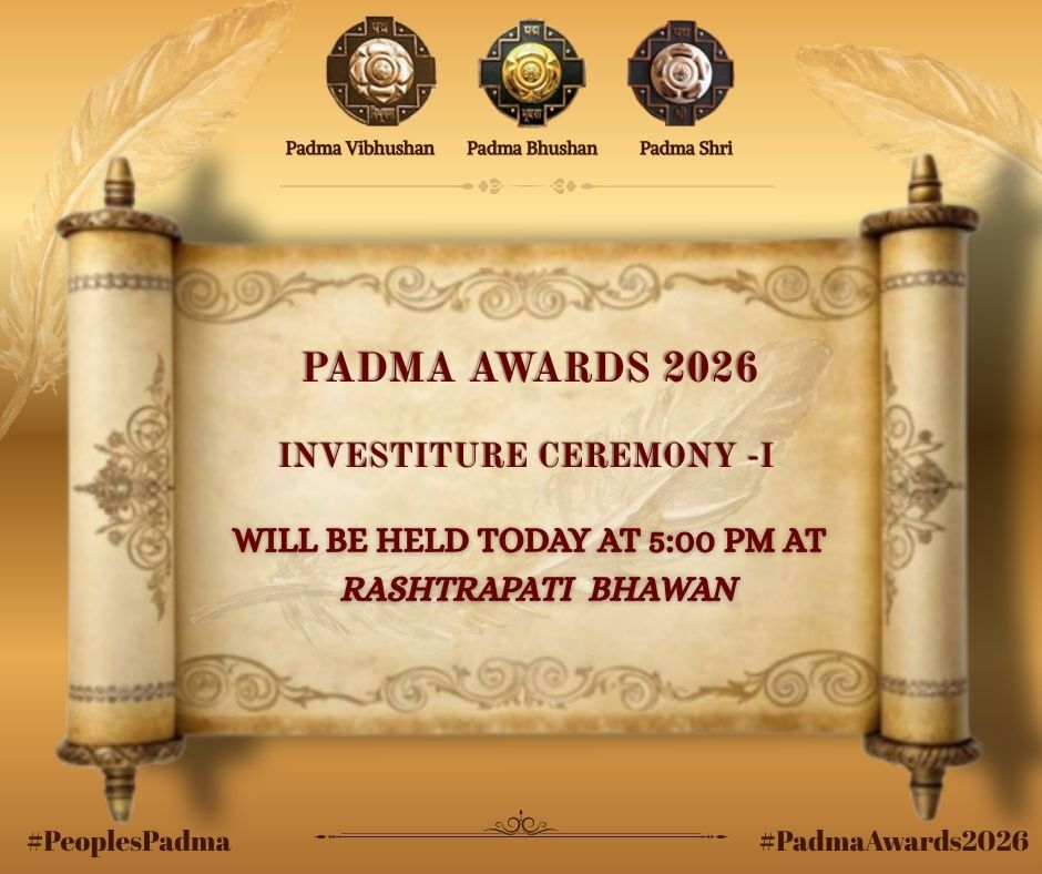 PadmaAwards's tweet photo. 1st Investiture Ceremony for Padma Awards 2026 will be held today.

Watch live: https://t.co/lZXbtdpEt6

#PeoplesPadma #PadmaAwards2026 #PadmaAwards https://t.co/PB5WJ8M7Do