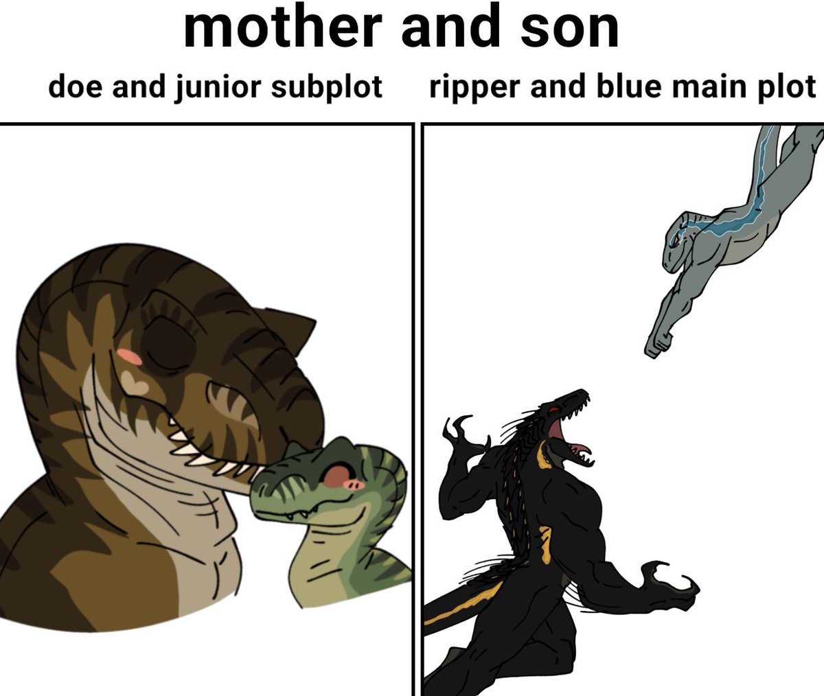 kaproc_01's tweet photo. Mother and son: 

#Indoraptor #jp #jw #Jurassiworld #Jurassicpark #trex #blue #meme #fyp https://t.co/azYnpmJmKx
