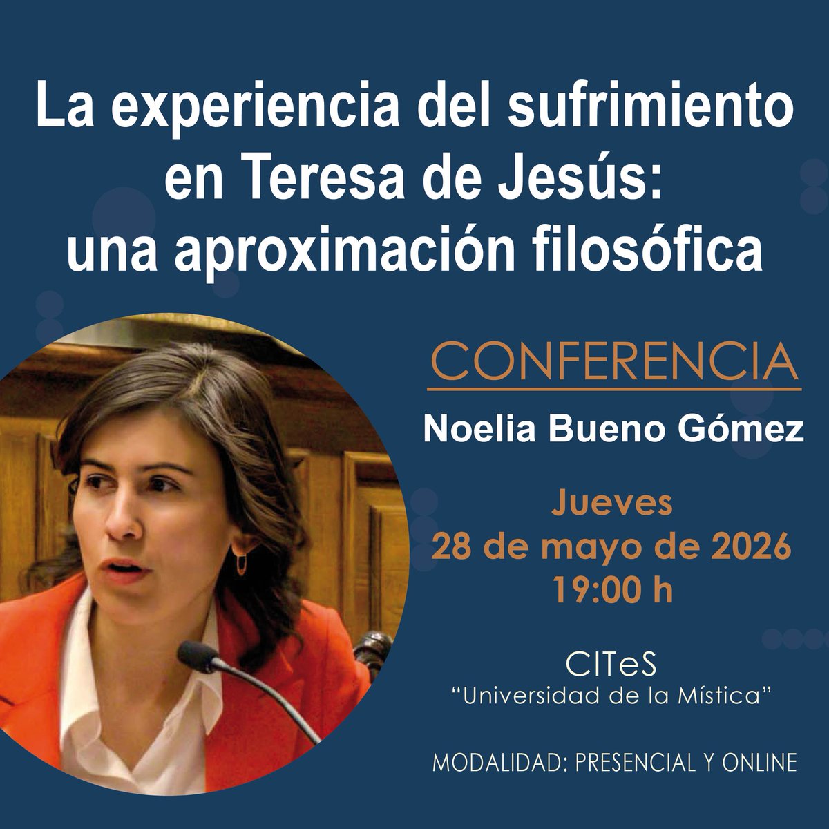 UNIMISTICA's tweet photo. Santa Teresa de Jesús y la experiencia del #sufrimiento desde la filosofía.   Conferencia a cargo de Noelia Bueno Gómez (@uniovi_info). Actividad presencial y online de libre acceso hasta completar aforo. #TeresadeJesús #TeresadeÁvila #SantaTeresadeJesús https://t.co/pZdtk5ioTS
