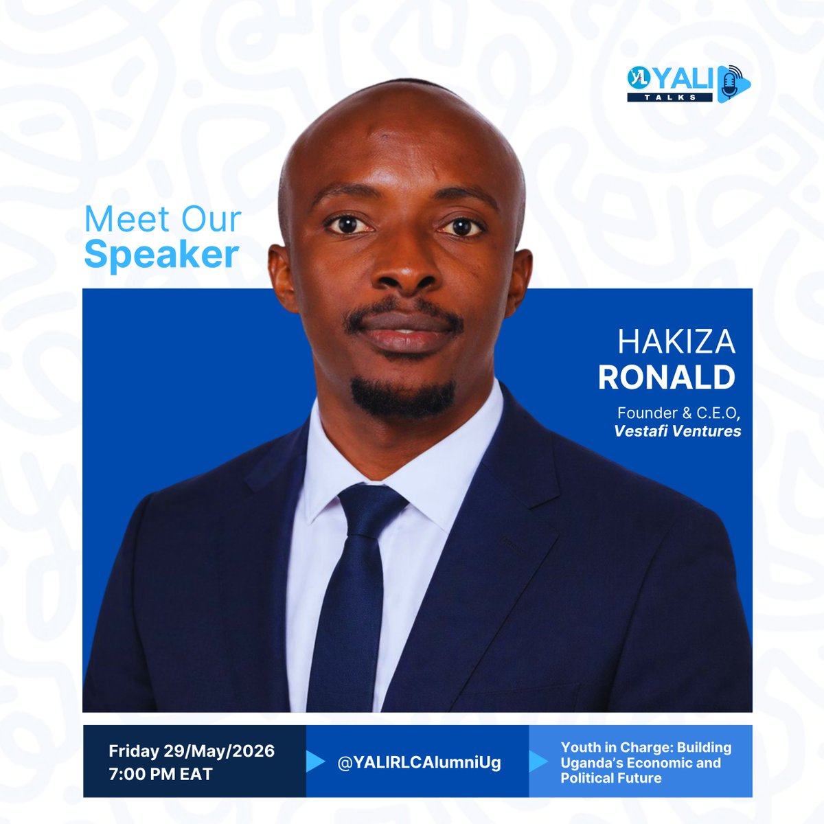YALIRLCAlumniUg's tweet photo. Speaker Spotlight 1
Hakiza Ronald, Founder and CEO of Vestafi Ventures Limited, an East African platform pioneering fractional and collective property ownership across the region. Through Vestafi, he has built a community of more than 1,000 members across nine countries, with a growing portfolio of properties under management and an unbroken record of monthly distributions to investors. He also leads Zenolius Homes, a short-stay furnished apartment business based in Kampala.

Before @JoinVestafi, @hakiza256 founded https://t.co/t4ZE0qGofV, a digital transport platform later acquired by Treepz, one of Africa’s leading mobility companies. His entrepreneurial work has received international recognition. In 2018, he won the Africa Entrepreneurship Award in Casablanca, taking home the $100,000 grand prize, and in 2022, he received the U.S. Mission Best Entrepreneur Award.

His journey into business was shaped by years of social-sector work. As Project Manager at Straight Talk Foundation, Uganda’s leading NGO, Hakiza led programs in advocacy, youth development, climate action, gender, and sexual and reproductive health rights. This experience sharpened his skills in stakeholder engagement, multi-channel communications, and civil society partnerships, all of which continue to influence his leadership today.
#YALITalks