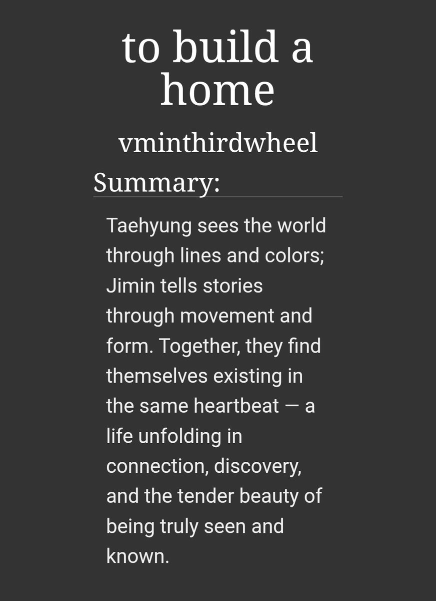 vminiesrec's tweet photo. 'to build a home' by @vminthirdwheel 

🩷 87.6k, completed (E)
🩷 artist taehyung, ballet dancer jimin, slow burn, mutual pining, multi year narrative, enemies to lovers, friends to lovers, exes to lovers

🔗https://t.co/lhG98k46zm

#vmin #vminficrec https://t.co/C6dv2Z2pND