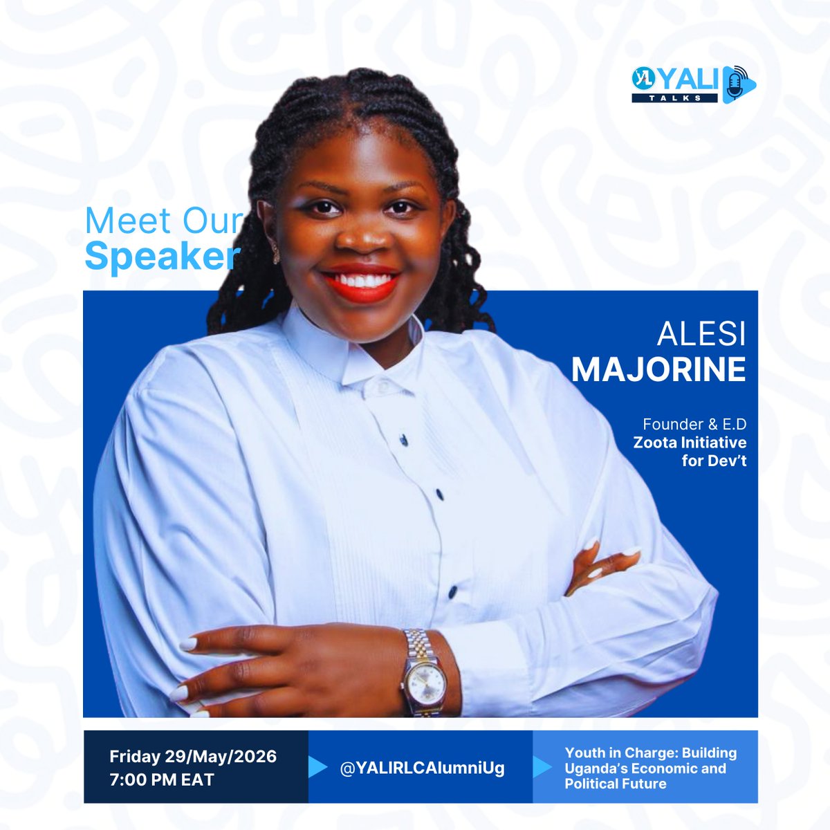 YALIRLCAlumniUg's tweet photo. Speaker Spotlight 2
@alesi_majorine is a YALI Alumna, human rights lawyer, governance professional, policy advocate, and gender equality expert working at the intersection of justice, migration, trade, and sustainable development. She is the Founder and Executive Director of Zoota Initiative for Development, where she leads initiatives focused on cross-border and intra-African trade, women’s economic empowerment, human rights in business practices, climate justice, legal protection, and wellbeing in rural transborder communities across Uganda, the Democratic Republic of Congo, and South Sudan.

Through her leadership, she has supported over 2,000 people, especially young women, teenage mothers, and underserved communities, by promoting inclusive development, justice, and economic opportunities.
#YALITalks