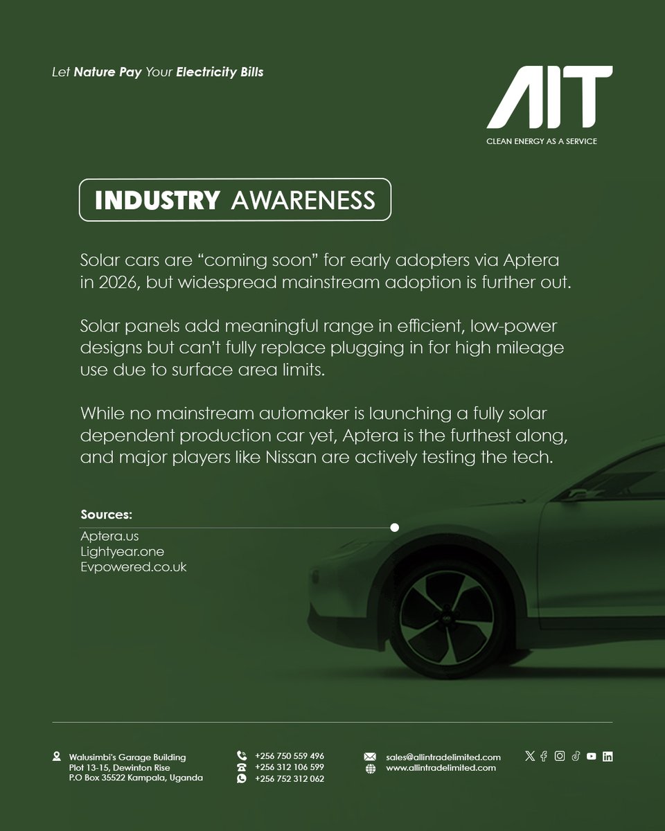 Allintrade's tweet photo. Solar cars are the next step in Uganda's clean energy journey.
#SolarCars #AITSolarSolutions #SolarEnergy. https://t.co/inIB75lbpc