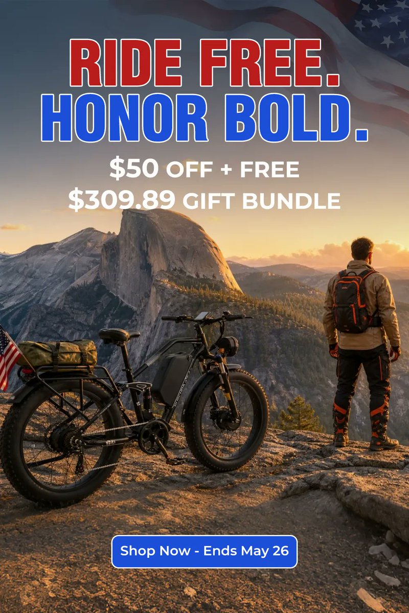 BurchdaBikes's tweet photo. Last chance to ride into Memorial Day savings 🇺🇸⚡

Only 2 days left to get:
✔ $100 OFF CODE Memorial100 (Fans-Only)
✔ FREE $309.89 gift bundle

Built for weekend escapes, outdoor adventures, and the long way home.

Sale ends on May 26. https://t.co/dBe3177Peo