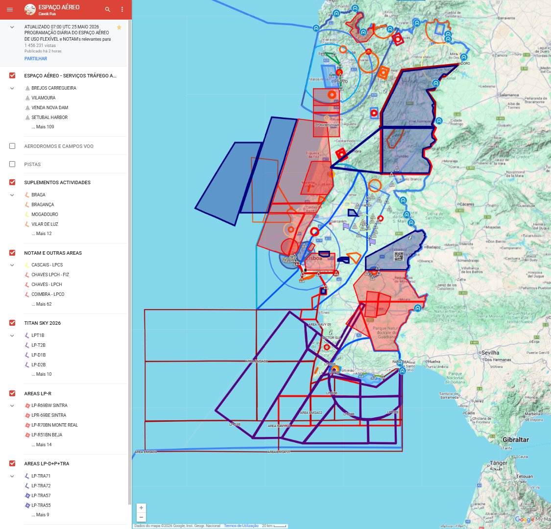 75Alcaide's tweet photo. 25/05/2026: #PORTUGAL TRANSFORMADO EM TABULEIRO MILITAR.🚨 🪖
⚠️AIR SPACE RESTRICTIONS AND RADIATIONS.☣️
🗺️O MAPA DE HOJE, (CAVOK FUA) de hoje, mostra o país completamente retalhado por zonas de exclusão aérea, de perigo e testes militares.

🇵🇹Uma verdadeira geometria de ocupação militar e eletromagnética que cobre Portugal de norte a sul neste preciso momento.

Sigam o fio com a anatomia do #FieldLab. 👇

#EMF #RNI #ZLT
