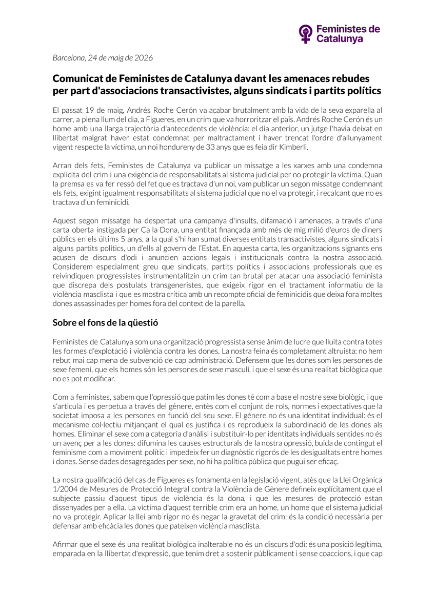 feministes_cat's tweet photo. 🎙️Comunicat de Feministes de Catalunya

Arran d'una publicació a xarxes on condemnàvem el crim de Figueres i exigíem responsabilitats al sistema judicial, alhora que puntualitzàvem que no es tractava d'un feminicidi, es va iniciar una recollida de firmes per part de Ca la Dona que incloïa amenaces d'accions legals i institucionals contra la nostra associació.
🧵1/3