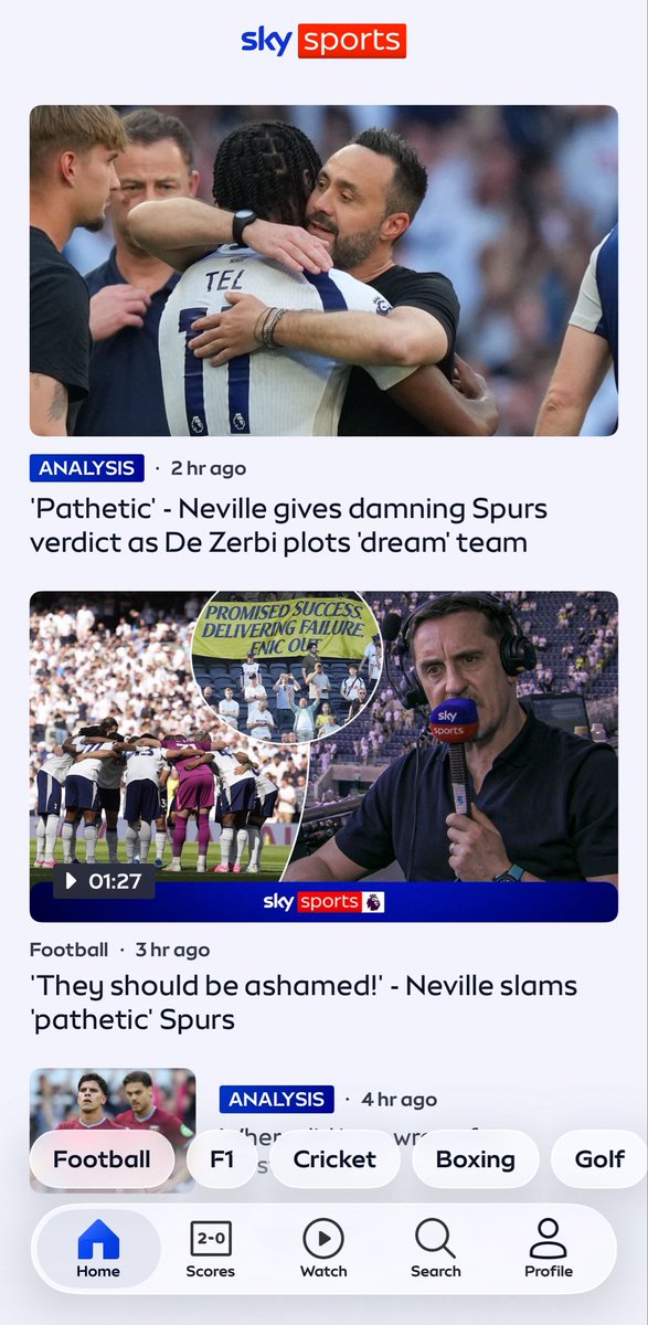 AnthonySJ's tweet photo. This sums up sly sports and the British media. The league trophy was lifted, another team got relegated but let’s double down on putting the boot in to Spurs as the main two articles on the app. Yes it’s been a horrible season, but a double negative, at the top in the feed? https://t.co/7m7gbDBTZE