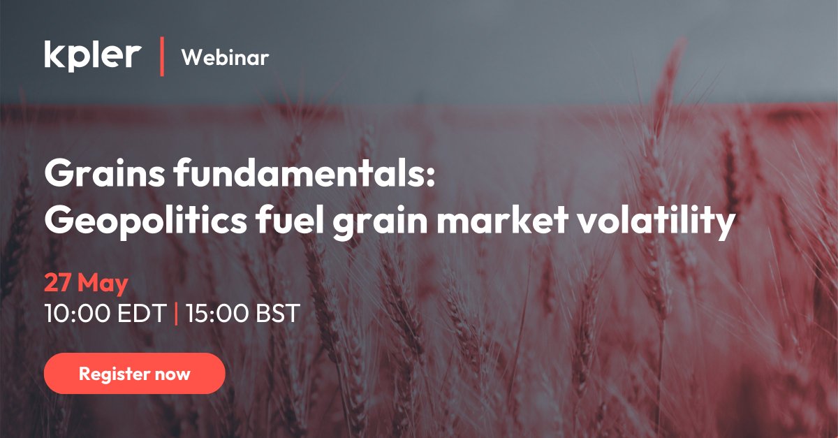 Kpler's tweet photo. Grains fundamentals: Geopolitics fuel grain market volatility

With no clear end to the Middle East conflict, renewed US-China trade developments and still-elevated fertiliser costs, grain markets are entering a more volatile phase. Join Kpler analysts on 27 May as they break down the forces shaping #corn, #wheat and #grains markets in the months ahead.

Key topics include:
 ◾Middle East: Grain and fertiliser trade update
 ◾USDA outlook: Considerations for the new crop season
 ◾US-China trade: Implications of the latest agricultural trade agreement
 ◾Corn demand: Scenarios and their market impact
 ◾Fertiliser: Consequences of a stronger market
 ◾Crop development: Sitrep across major exporters

Speakers: Ishan Bhanu and Matt Darragh

Register here: https://t.co/t7Fyf2Q5i4