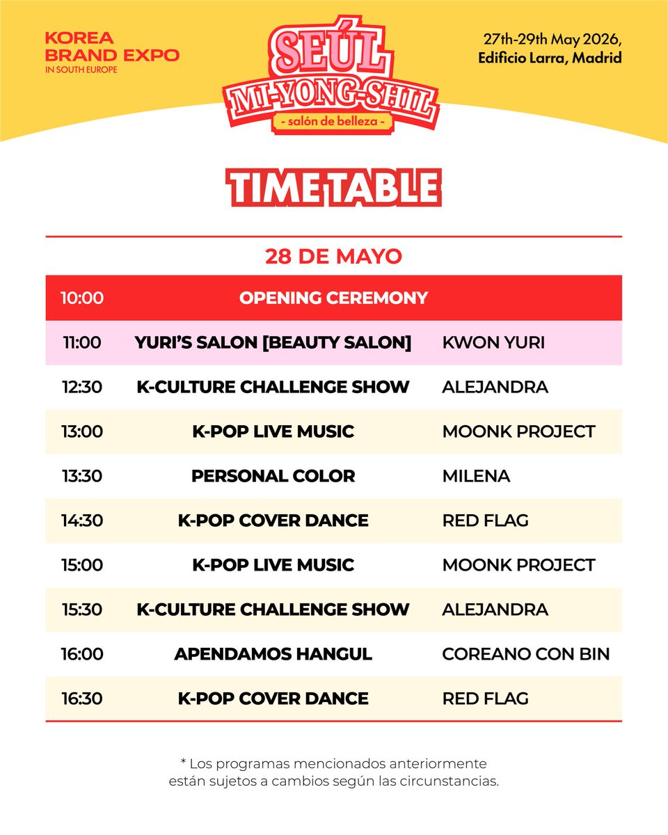 koreabrandexpo's tweet photo. ✨ TIMETABLE SEÚL MI-YONG-SHIL ✨

¡Descubre los diversos programas y eventos especiales que solo podrás vivir en Seoul Mi-yong-shil 💫

📢 KOREA BRAND EXPO en SUR DE EUROPA
🗓️ 27-29 MAYO 2026
⏰ 10:00am–05:00pm
📍 EDIFICIO LARRA, MADRID, ESPAÑA https://t.co/N1IynTBc4c
