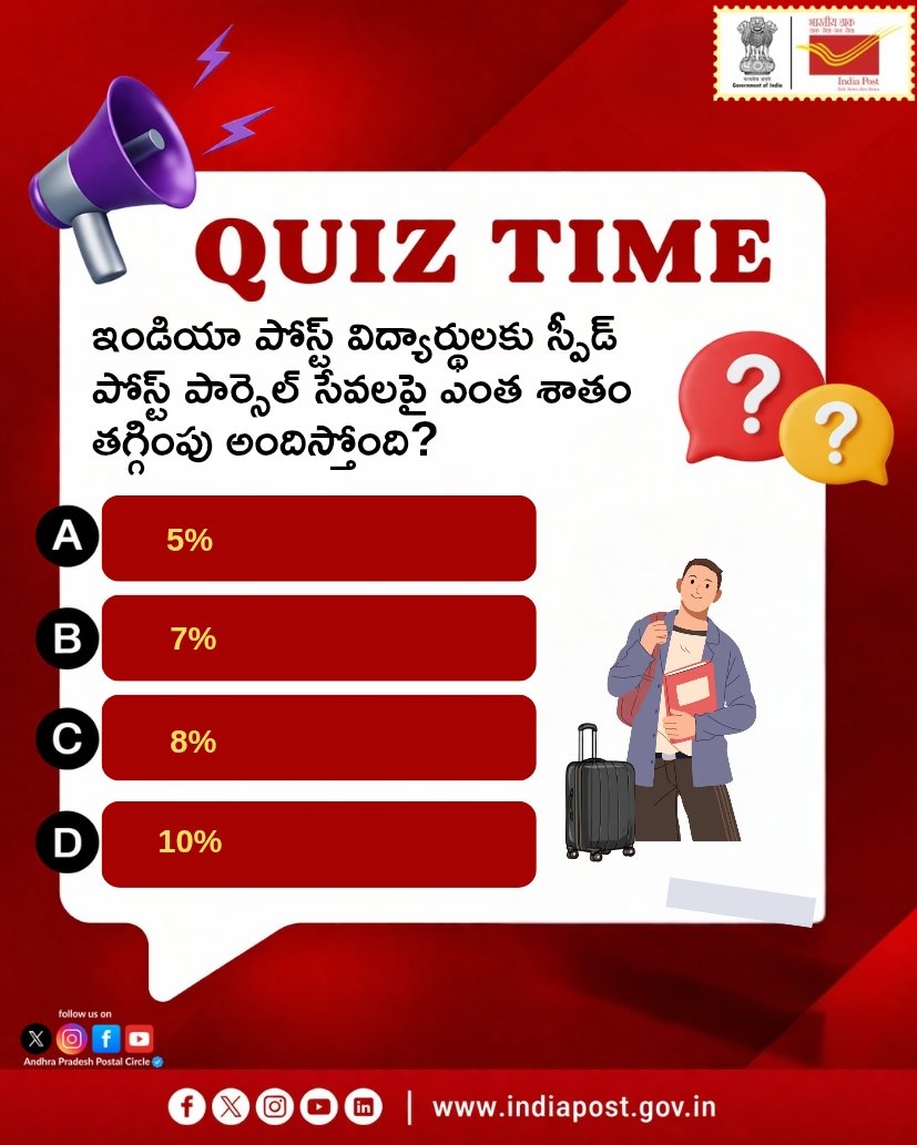 appostalcircle's tweet photo. విద్యార్థుల కోసం ఇండియా పోస్ట్ ప్రత్యేక స్పీడ్ పోస్ట్ పార్సెల్ సేవలు!
ఇప్పుడు పార్సెల్ పంపడం మరింత సులభం… మరింత తక్కువ ఖర్చుతో! 
విద్యార్థులకు స్పీడ్ పోస్ట్ పార్సెల్ సేవలపై ప్రత్యేక తగ్గింపు అందిస్తూ, హాస్టల్ నుండి ఇంటివరకు మీ అవసరాలను సురక్షితంగా చేరవేస్తోంది ఇండియా పోస్ట్. https://t.co/oT2svK3tYR