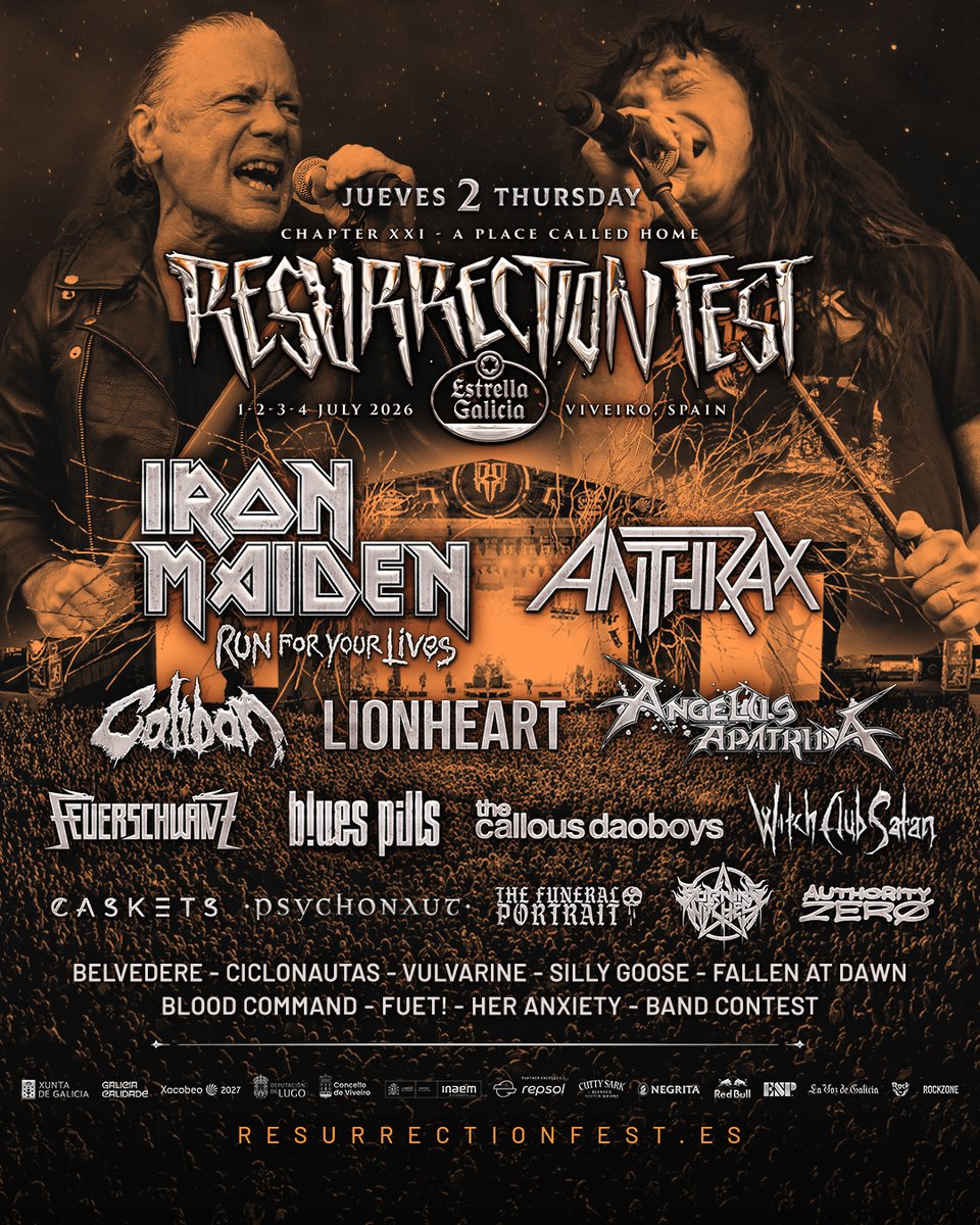 ResurrectionESP's tweet photo. El 2 de julio en Resurrection Fest EG 2026 presenciaremos una jornada histórica, con grandes leyendas en nuestro main stage 😱

Iron Maiden llegan a Viveiro en un momento importantísimo para la banda. Y es que Bruce Dickinson y los suyos celebran su 50 Aniversario por todo lo alto, con un directo que seguro será recordado durante años por todos nosotr@s. Hacen parada en nuestra casa dentro de su gira mundial Run For Your Lives y en un momento de notoriedad increíble tras el estreno de su película. Por lo que preparan un espectáculo al nivel al que sólo Iron Maiden puede llegar.

Pero aunque los británicos son una de las bandas más esperadas de esta edición, el jueves 2 de julio también se subirán a nuestro escenario principal Anthrax, una de las formaciones más increíbles del trash metal, con un Joey Belladonna a la voz que nos trasladará a los momentos más épicos, clásicos y deseados de esta pedazo de banda 🤩

Otras grandes formaciones del metal como Caliban, Lionheart o la banda nacional Angelus Apatrida, también lo darán todo en Viveiro, entregándose por completo a nuestro público en sus respectivos directos.

Finalmente, Blood Vulture no podrán estar en esa edición. Pero en su lugar, los estadounidenses Silly Goose, recogen el testigo para llegar a Viveiro con su fusión de heavy rap-rock/nu-metal made in Atlanta que seguro que os sorprenderá

#ResurrectionFest #APlaceCalledHome @turgalicia @camino_xacobeo @depulugo #ConcellodeViveiro #DescubreViveiro @estrellagalicia #ConcertosDoXacobeo