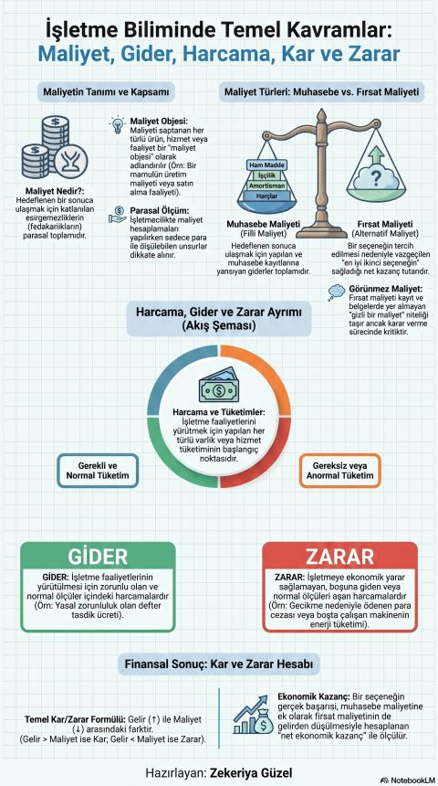 ozdogrular_com's tweet photo. Muhasebe de  Maliyet-Gider-Harcama-Kar ve Zarar  kavramları

maliyet kavramı>Hedeflenen bir sonuca ulaşmak için katlanılması gereken tüm fedakarlıkların (esirgemezliklerin) parasal toplamıdır.

☆Gider: İşletmeye ekonomik bir yarar sağlamak amacıyla yapılan harcama veya tüketimlerdir.

☆Harcama: Para, mal veya hizmet şeklindeki her türlü ödemeyi ifade eder; borç ödeme harcama sayılırken her harcama bir gider olmayabilir.

Zekeriya GÜZEL
Hazine ve Maliye Bakanlığı’nda  Vergi Başmüfettişi-Spl-3 lisans sahibi , Kurumsal Yönetim Derecelendirme lisans ve Türev Araçlar lisans sahibi