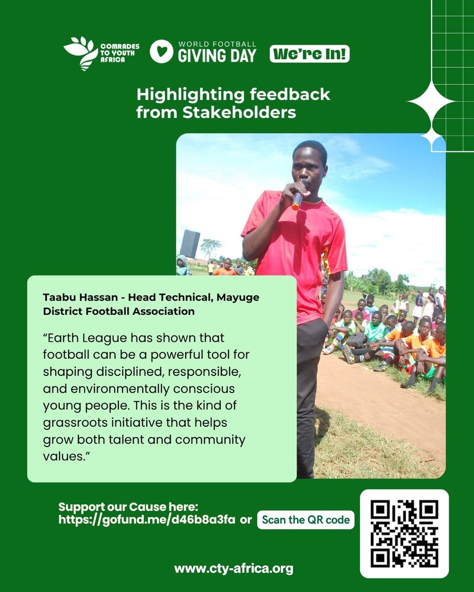 Cty_Africa's tweet photo. “Football can be a powerful tool for shaping disciplined, responsible &amp; environmentally conscious young people.”

As we mark #WorldFootballGivingDay tomorrow, we invite you to support #EarthLeague, where football meets youth empowerment, climate action &amp; SDGs

Thank you

#WeAreIn https://t.co/dYfG5ayP9C