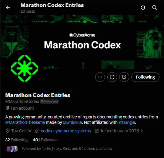 bumgieofficial's tweet photo. If you're not already, give @MarathonCodex a follow! @whisvue and the CyAc discord community worked hard to bring this together! https://t.co/jnU9UDxtUA