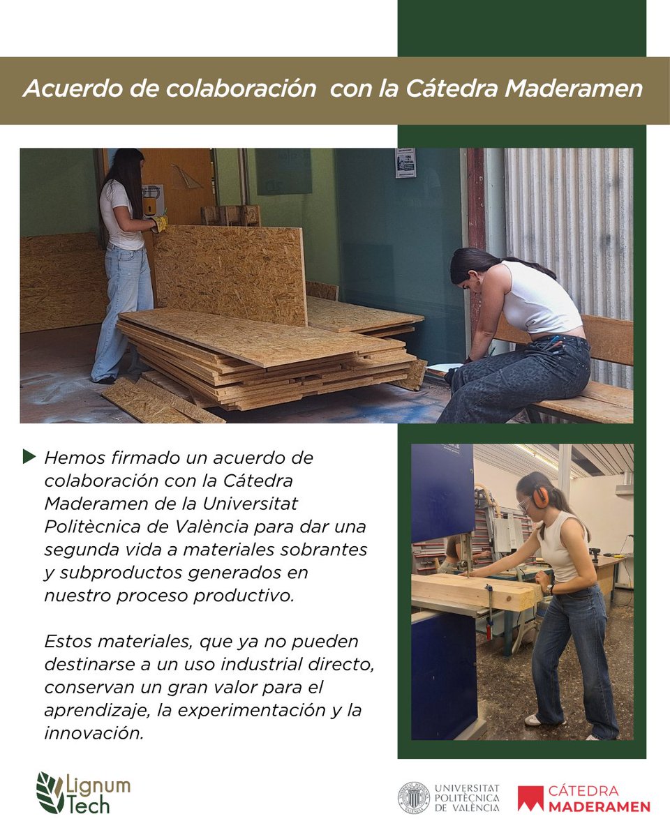 Lignum_Tech's tweet photo. Hemos firmado un nuevo acuerdo de colaboración en materia de economía circular. 🤝En esta ocasión ha sido con la Cátedra Maderamen de la @UPV para dar una segunda vida a materiales sobrantes y subproductos generados en nuestro proceso productivo.🪵 https://t.co/cZU8QqtZlW