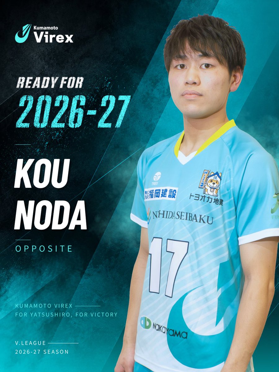 kumamotovirex's tweet photo. READY FOR
V.LEAGUE 2026-27 SEASON

契約更新選手紹介_ 6

▪️野田 孔（のだ こう）
▪️背番号：17
▪️生年月日：2001/08/16
▪️身長：182cm
▪️ポジション：オポジット
▪️経歴：佐賀工業高等学校 / 福岡ウイニングスピリッツ

#熊本 #八代 #volleyball #熊本ヴィレックス #八代をV代へ https://t.co/mLGVDIENSe