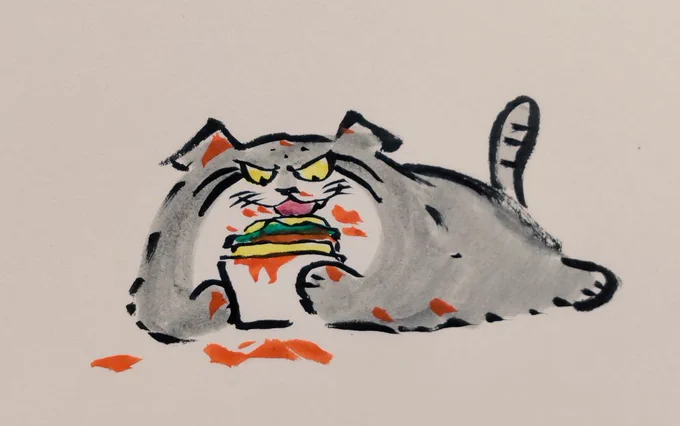モスバーガーを食べるのが下手すぎるマヌルネコを描きました。