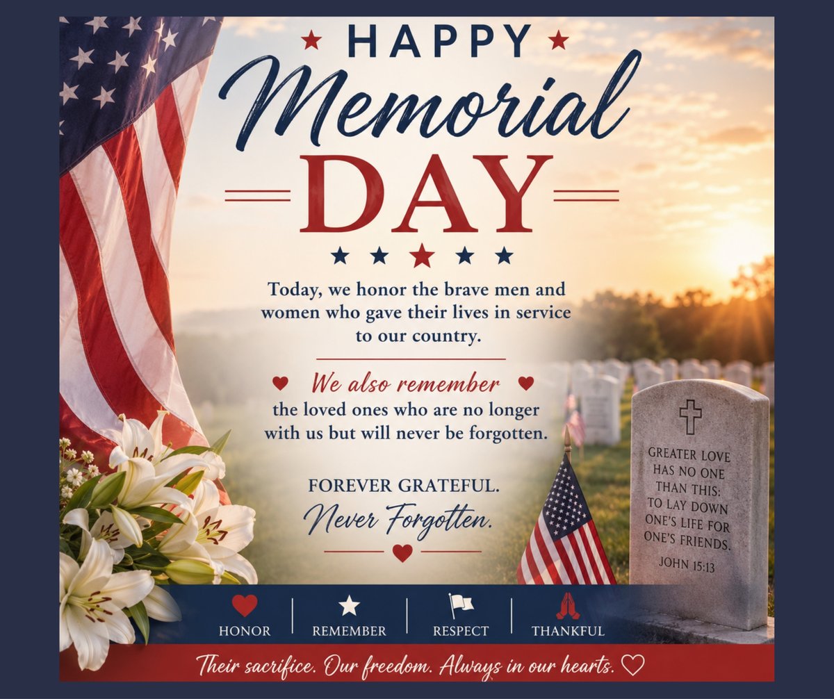 godsdailywordfb's tweet photo. Memorial Day is a time to honor the brave men and women who gave their lives serving our country, while also remembering the loved ones we miss and carry in our hearts every day. ❤️

🕊️ #gdword #christianity #MemorialDay #NeverForget #HonorAndRemember #RememberingOurHeroes https://t.co/Cv2wzIdYvl