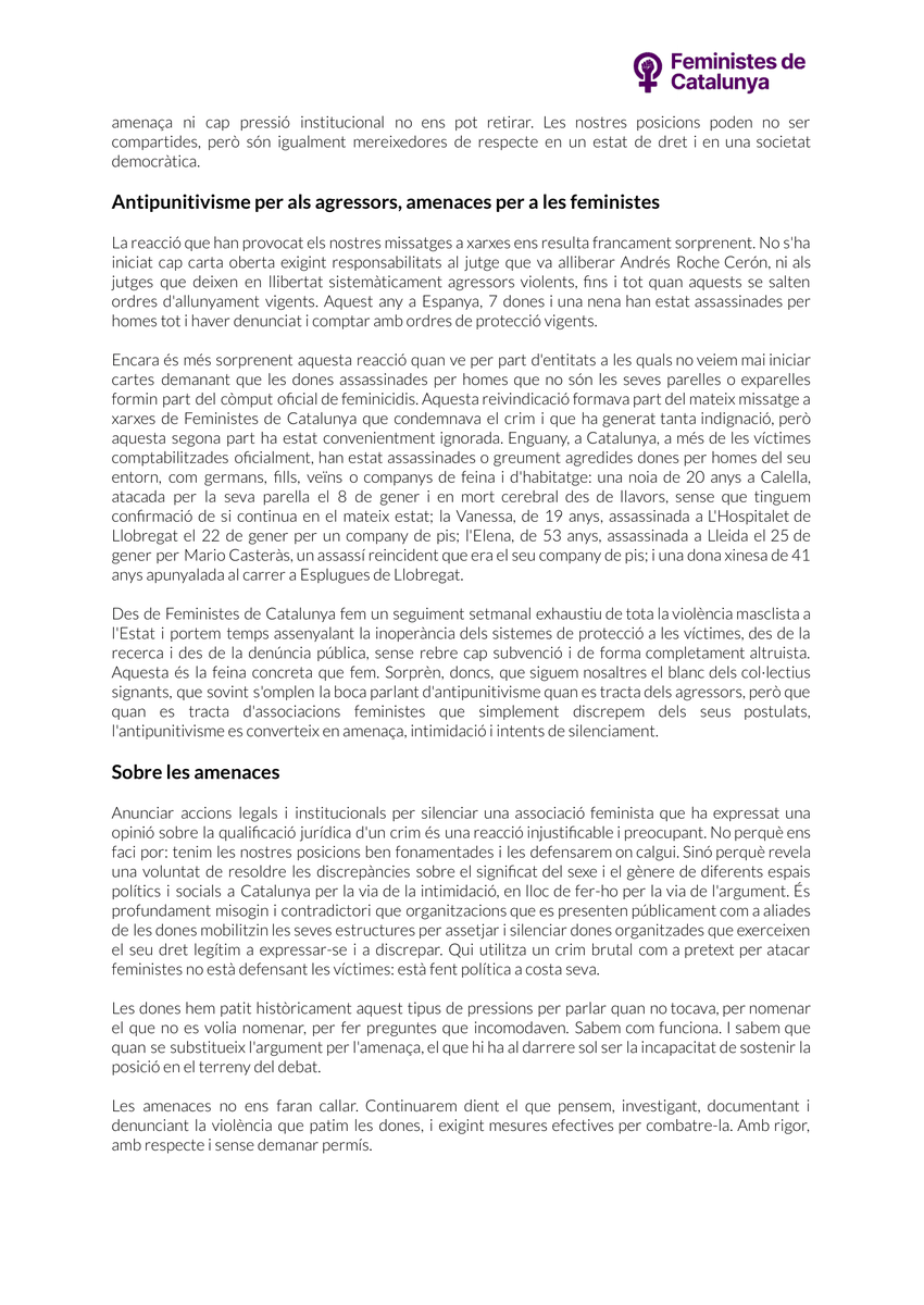 feministes_cat's tweet photo. És inacceptable que s'instrumentalitzi un crim per perseguir associacions feministes que no combreguem amb el dogma transgenerista.

Antipunitivisme per als agressors, amenaces per a les feministes.

Llegiu el nostre comunicat de resposta https://t.co/VOHRMAsvgK