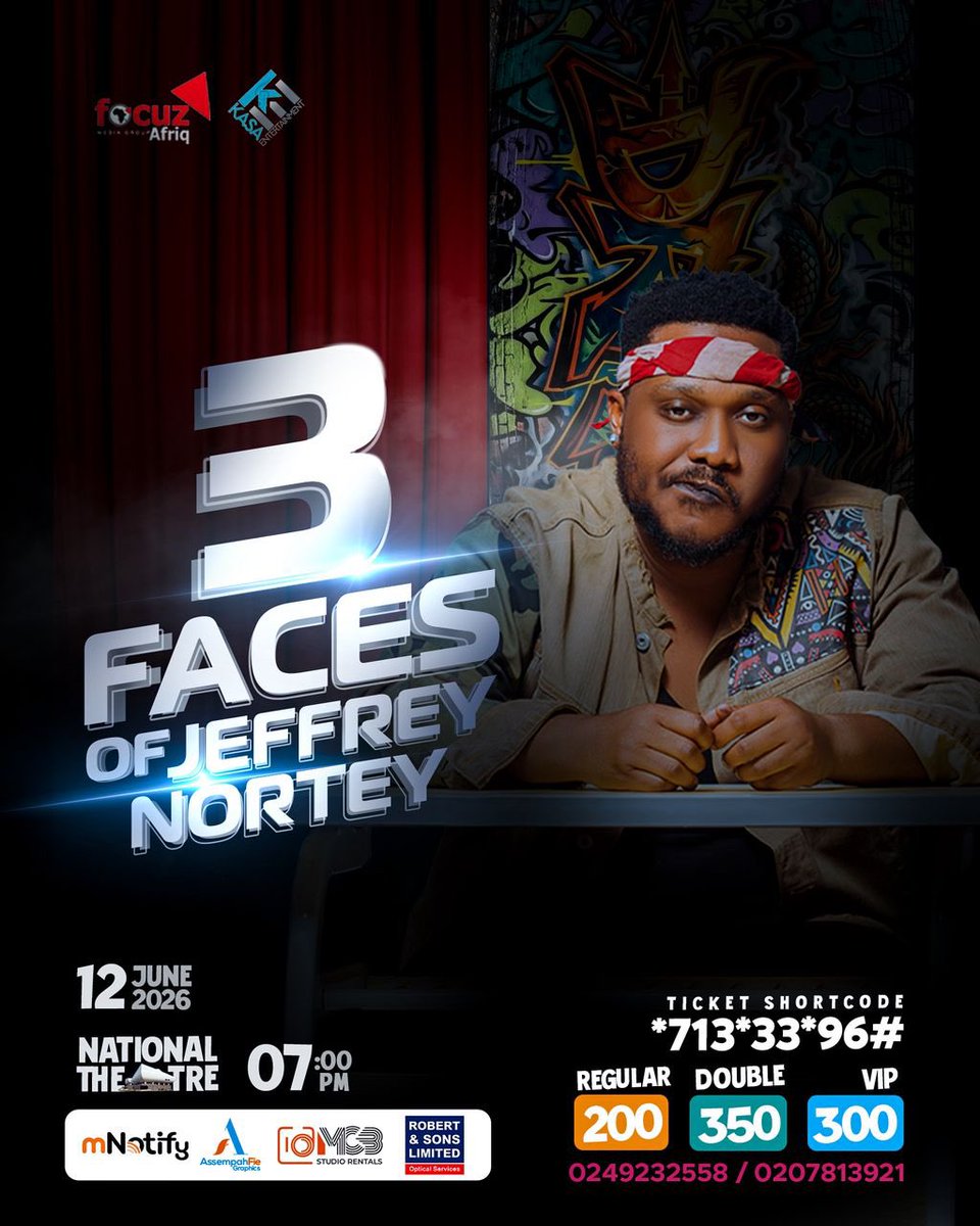 steve__sz's tweet photo. June 12th. National Theatre. 7:00 PM. 3 Faces Of Jeffrey Nortey is happening! Get your access: Dial 71333*96# | Tickets GHS 200, 300 &amp; 350. Tag your squad! #3FacesOfJeffreyNortey @nortey_jeffrey https://t.co/SJTjF8gcEc