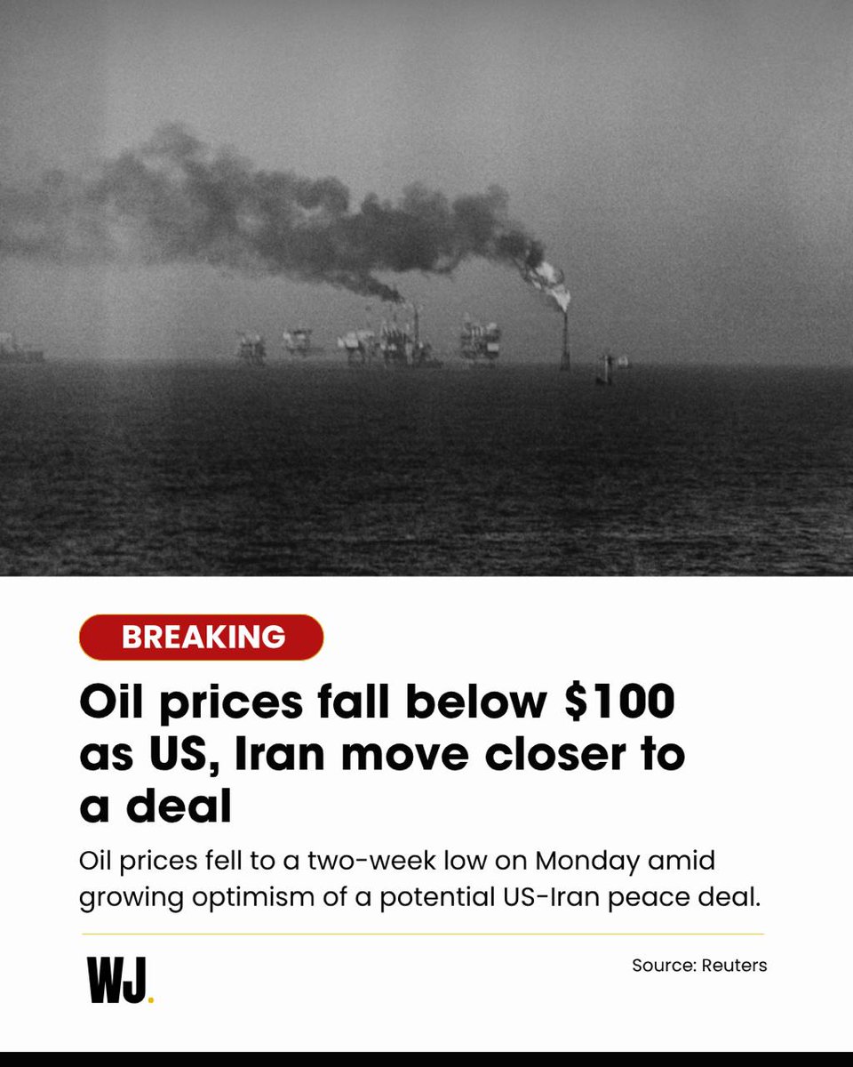 TheWarJournal's tweet photo. Oil prices slide as US, Iran make public announcements regarding coming closer to a deal to end the war and reopen the Strait of Hormuz. https://t.co/EjH5AmkJ6O