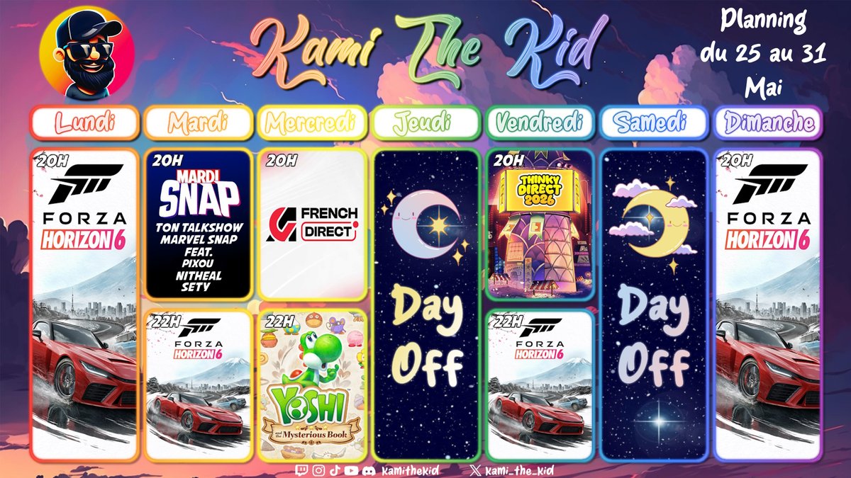 Kami_The_Kid's tweet photo. Voici le planning de la semaine 🥳

On part au Japon avec #ForzaHorizon６ 🇯🇵

Après les crédits, place au endgame de #YoshiandtheMysteriousBook 🥚

On couvre les premières confs de l'été 😎

Et comme chaque semaine, le talk #MardiSnap 😁

⬇️⬇️⬇️
https://t.co/A7xMdbTTGp https://t.co/8IxOrN9khq