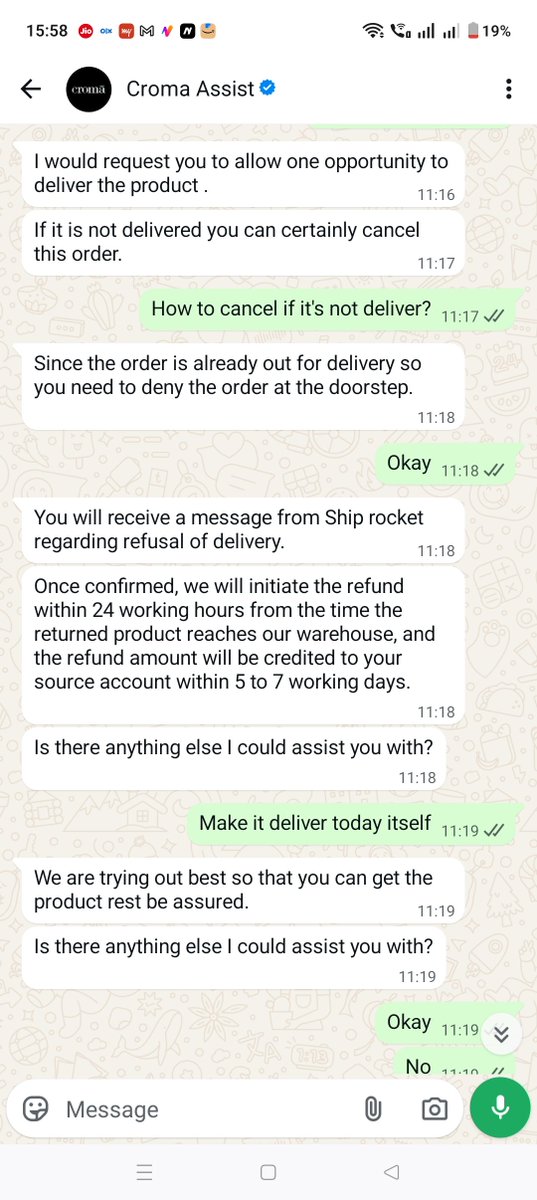 souradip077's tweet photo. @cromaretail Even if Your representative doesn't know whether it will come today or not!! Insisted me if it's not deliver in due time!. https://t.co/b7wwt2onXn