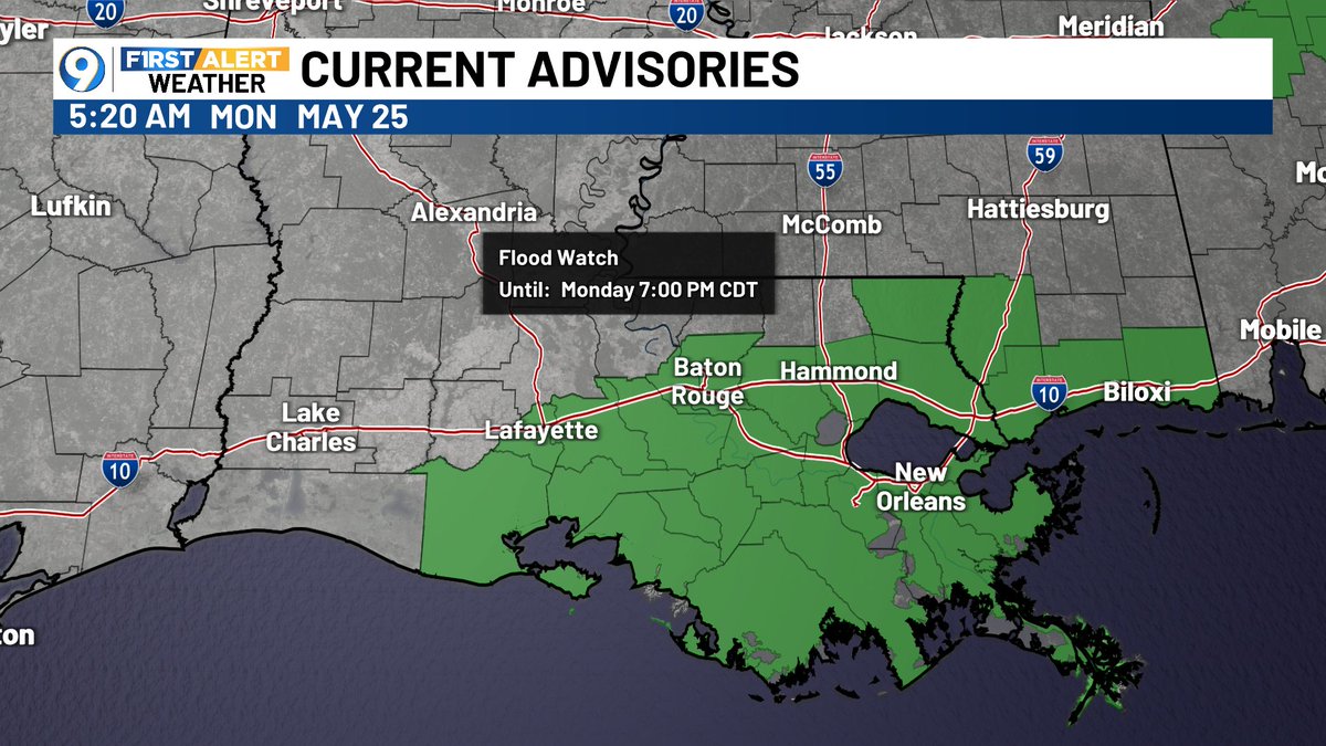 JaredWAFB's tweet photo. Here's a look at Memorial Day....Flood Watch remains in effect through 7PM Monday evening for rain. The HRRR model shows the timing of rain/storms, a slightly higher chance in the afternoon.  There will be a better chance of wet weather east of Baton Rouge, up the I-55 corridor. https://t.co/AB7ugulw0K