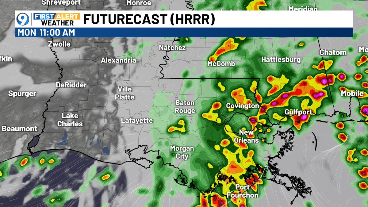 JaredWAFB's tweet photo. Here's a look at Memorial Day....Flood Watch remains in effect through 7PM Monday evening for rain. The HRRR model shows the timing of rain/storms, a slightly higher chance in the afternoon.  There will be a better chance of wet weather east of Baton Rouge, up the I-55 corridor. https://t.co/AB7ugulw0K