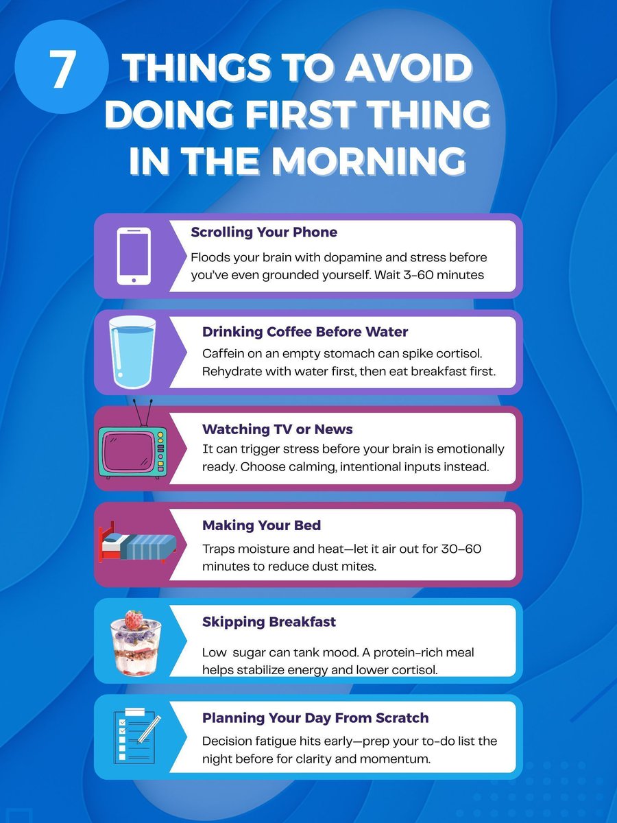 DrKristieLeong's tweet photo. Remembering and honoring those who made the ultimate sacrifice this Memorial Day. 🎖️ 

With extra time off  use it to break some bad habits that quietly drain your energy all year. 

If the first thing you do in the morning is check your phone… you’ve already lost the day. 😩

You’re starting in reactive mode — dopamine hijacked, cortisol spiking, before you’ve even grounded yourself.

Here are 7 things you should STOP doing first thing in the morning if you want better energy, focus, and calm:

•Scrolling your phone
•Drinking coffee before water
•Watching TV or news
•Making your bed immediately
•Skipping breakfast
•Planning your entire day from scratch
•Jumping straight into work/emails

Your morning sets the tone for the next 16 hours. Protect it.

The Fix: Give yourself a 30-minute “Input Delay.” Hydrate, move, breathe, then ease into the day intentionally.

Which of these 7 are you guilty of? Drop your biggest one below 👇