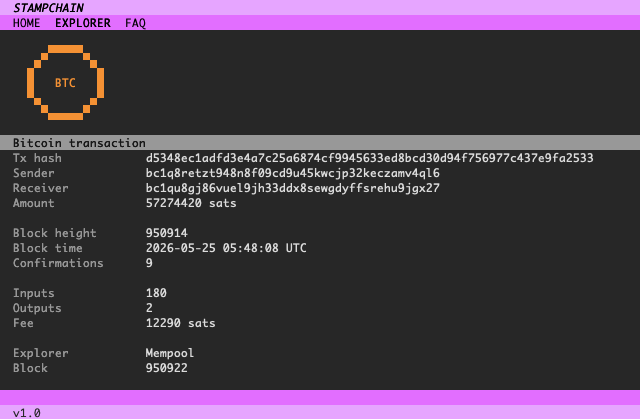 babalicious_io's tweet photo. The NomadNet explorer, extracts and displays transaction metadata for:
- Bitcoin
- SRC-20 tokens
- Classic art stamps, with preview images rendered as Micron 24-bit coloured unicode half-blocks for static and animated images (1st frame of gifs)
- SRC-721 recursive stamps https://t.co/fKRQln7kYv