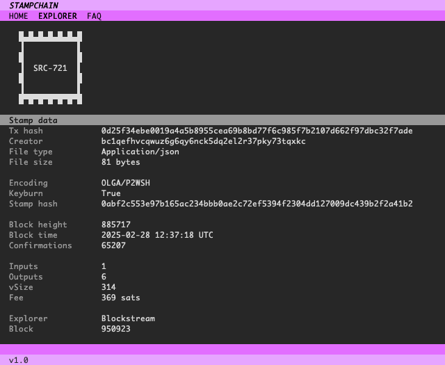 babalicious_io's tweet photo. The NomadNet explorer, extracts and displays transaction metadata for:
- Bitcoin
- SRC-20 tokens
- Classic art stamps, with preview images rendered as Micron 24-bit coloured unicode half-blocks for static and animated images (1st frame of gifs)
- SRC-721 recursive stamps https://t.co/fKRQln7kYv