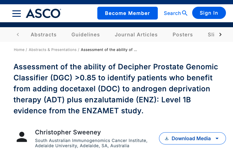 APCCC_Lugano's tweet photo. Assessment of the ability of Decipher Prostate Genomic Classifier (DGC) >0.85 to identify patients who benefit from adding docetaxel (DOC) to androgen deprivation therapy (ADT) plus enzalutamide (ENZ): Level 1B evidence from the ENZAMET study. #ASCO25 Abstract

https://t.co/ZzIAEeM3F3

This ENZAMET biomarker 🎯analysis evaluated whether Decipher Genomic Classifier (DGC) scores predict benefit from adding docetaxel💊 (DOC) to androgen deprivation therapy (ADT) plus enzalutamide (ENZ) in metastatic hormone-sensitive prostate cancer. Among 634 patients, high DGC scores (>0.85) were associated with worse overall survival on ADT plus ENZ alone, but this adverse prognosis was negated by adding DOC. 

Findings suggest DGC may identify patients most likely to benefit from triplet therapy, particularly in high-volume disease.

@ChrisSweens1
@ChrisSweens1 @MartinStockler @anis_a_hamid @AzadOncology @Davicioni @AttardLab @Prof_IanD

@OncoAlert 🚨
@Silke_Gillessen 
@AOmlin 
@weoncologists