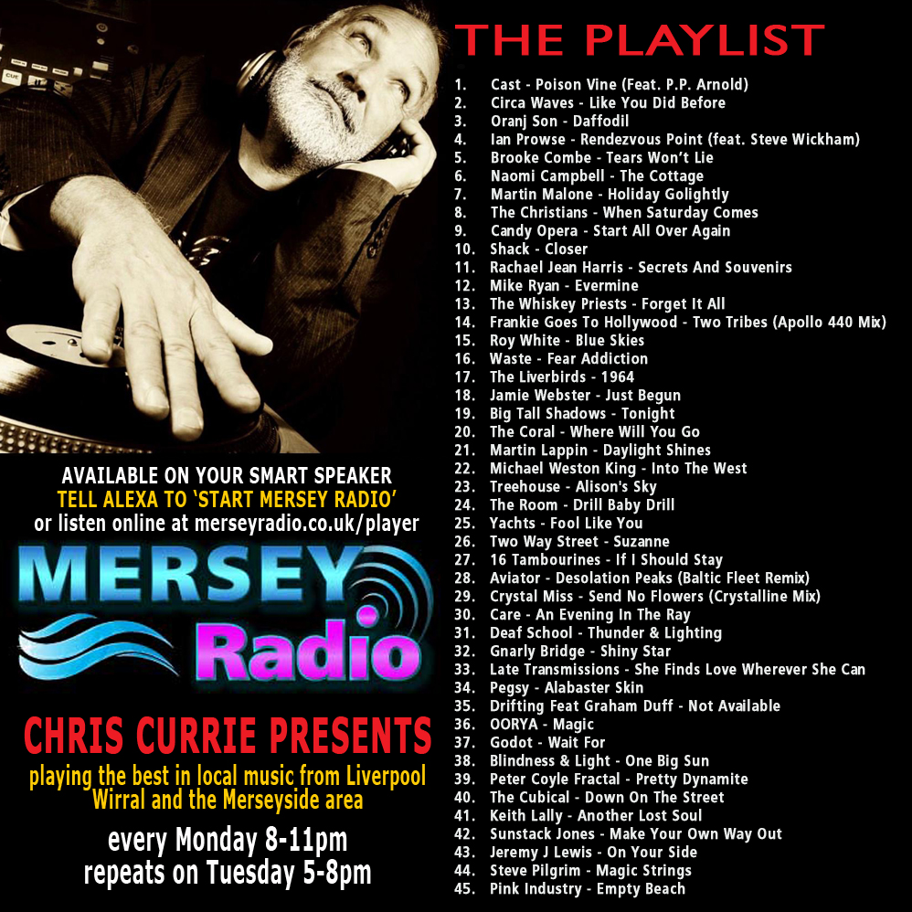 CurrieRadioShow's tweet photo. Another sonic smorgasbord of musical delights with new tunes from @IanProwse , @JamieWebster94  @thecoralband @GnarlyBridgeUK , @BlindnessLight on @MerseyRadio 8-11pm
@castofficial @CircaWaves @OranjSon @brookecombe @THECHRISTIANS13 @CandyOpera1 @michaelheadtreb @MWestonKing https://t.co/ZPzAV4kAYV