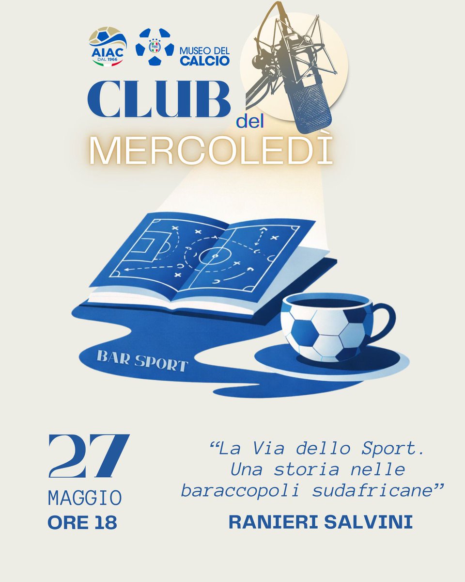 museocoverciano's tweet photo. Club del mercoledì ☕️📚⚽️
Nuovo appuntamento letterario al Bar Sport del #MuseodelCalcio, mercoledì 27 maggio alle ore 18 Ranieri Salvini presenta 'La via dello Sport. Una storia nelle baraccopoli sudafricane'. 
Ingresso gratuito da Piazza Fino Fini 1. 

#BarSport #AIAC https://t.co/jo81ysLUkO