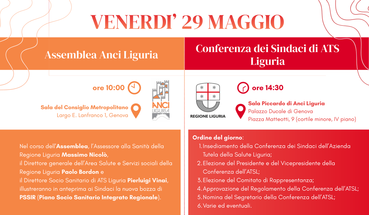 AnciLiguria's tweet photo. 🗓️Venerdì #29maggio
1️⃣ #Assemblea Anci Liguria
🕙ore 10
📍Sala del Consiglio Metropolitano
e presentazione della bozza di #PSSIR
2️⃣ Conferenza dei Sindaci #ATSL
🕝ore 14:30
📍Sala Piccardo di Anci Liguria
⚠️Adesioni a 📧info@anciliguria.eu.
Dettagli
🔎https://t.co/xwwLrfM1Kq https://t.co/esDf3bX68X