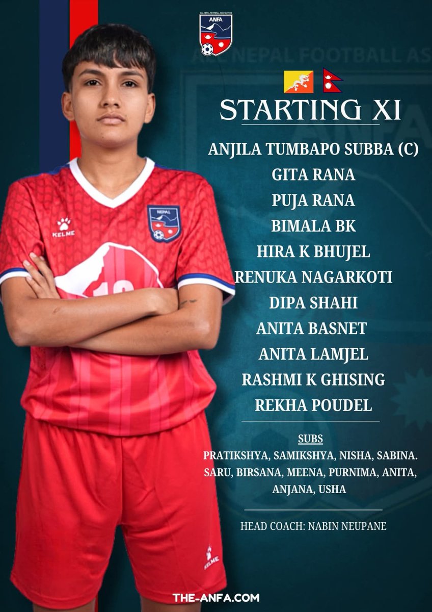 theanfaofficial's tweet photo. The lineup for the opening match against Bhutan in the SAFF Women's Championship 2026. 

Streaming on DGO App. 

#ANFA #TeamNepal #NEPvsBHU https://t.co/rbqD8RdFsm