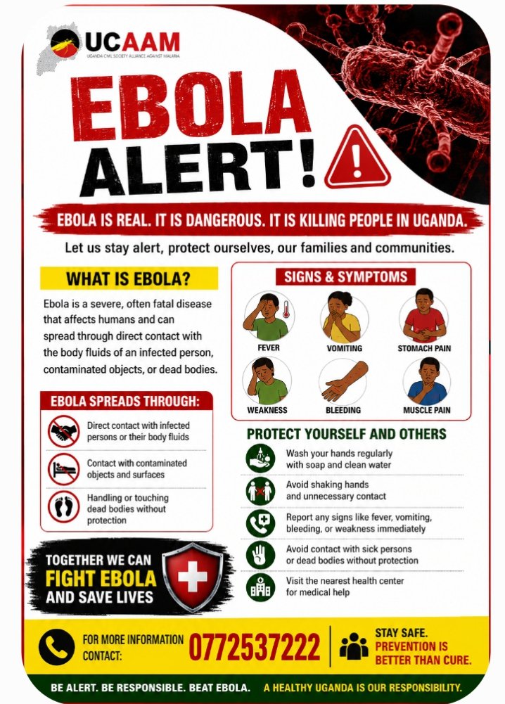 UgandaCivil's tweet photo. 🚨 *HEALTH ALERT* 🚨

*Ebola is Real!*
Protect yourself and your family by staying conscious and alert.

✅ Wash hands regularly with soap and clean water
✅ Avoid contact with sick people
✅ Do not touch dead bodies without protection

✅ Seek medical help earlier https://t.co/pcmBhXm2CU