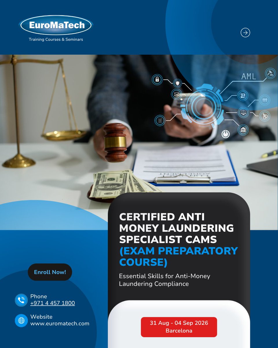 euromatech's tweet photo. Financial crime prevention and regulatory compliance have become critical priorities for organisations operating in today’s global financial environment.

📌 To Register:
https://t.co/dTnkVjYzQ3
📞 Call / WhatsApp: +971 54 767 5555
📧 Email: info@euromatech.com

#AML #CAMS https://t.co/3Z2Q4KZ24G