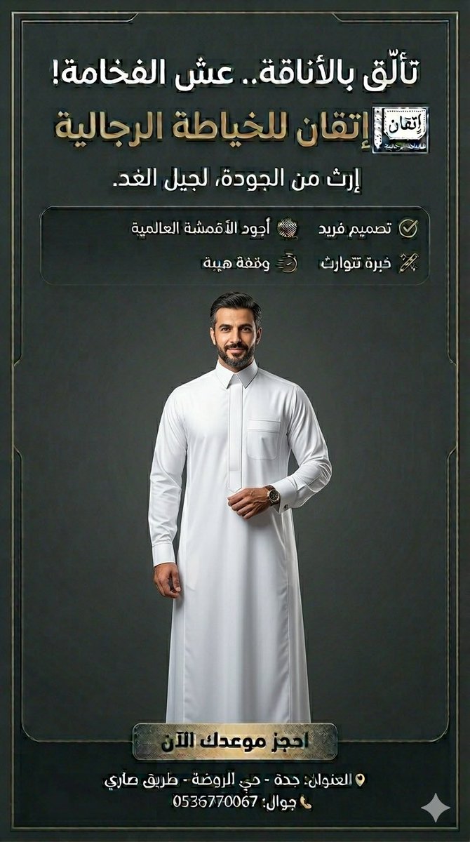 itqanthube's tweet photo. الرجال لا يرتدون الثياب لمجرد المظهر.. بل لفرض الحضور! ✨
في #إتقان_للخياطة_الرجالية لا نلتزم بالكمال، بل نصنعه؛ لتطلّ بوقفة شموخ وفخامة لا تُنسى.

📍 جدة | حي الروضة - طريق صاري
📞 0536770067
🗺️ موقعنا: https://t.co/tpHki0Kh5S
#أناقة #خياطة_رجالية #تفصيل #جدة #ثوب_سعودي https://t.co/Uxy8B6nbgs