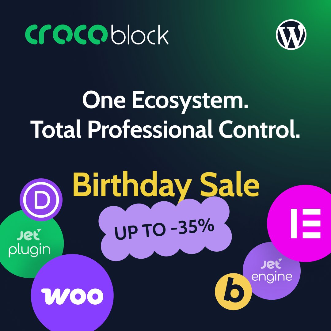 MRcrocoblock's tweet photo. 🥳 One ecosystem. Up to 35% OFF.
Stop juggling plugins ⚡
Build #dynamic sites, stores &amp; booking systems with one connected #WordPress toolkit.
🎉 Birthday Deals:
35% OFF #Lifetime
25% OFF Upgrades
20% OFF Yearly
10% OFF Single Plugins

⏳ Ends May 28
👉 https://t.co/KAaGw1yKg2 https://t.co/LGtN2HhsPO