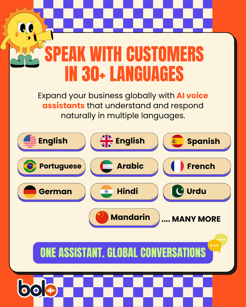 BoloApp_AI's tweet photo. Your customers speak different languages — now your business can too. 🌍

With Bolo AI Voice Assistants, connect with customers in 30+ languages and deliver natural conversations worldwide.

From local businesses to global brands, multilingual support helps you reach more people, improve service, and grow faster. 🚀

#BoloAI #MultilingualAI #VoiceAI #CustomerSupport #GlobalBusiness #BusinessGrowth #AIEmployee #Automation #CustomerExperience #SpeakEveryLanguage